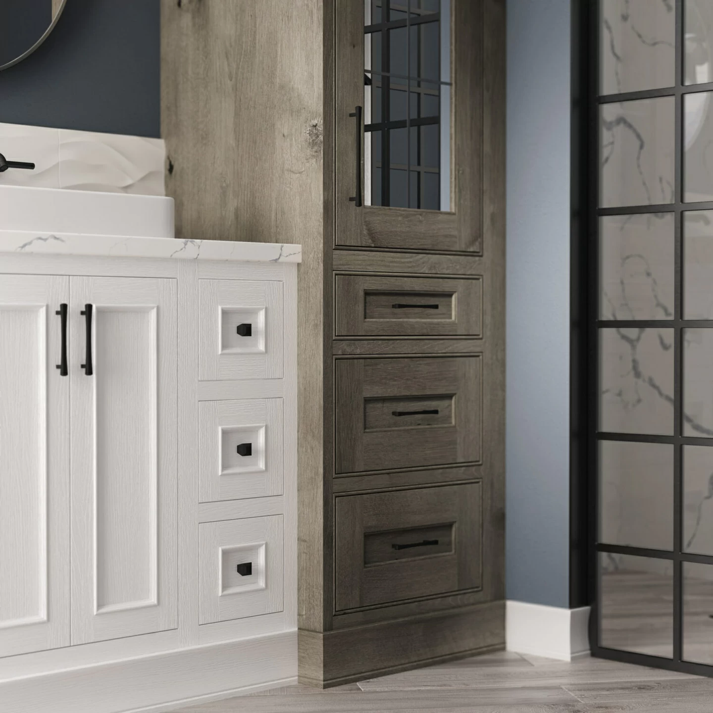 Transitional bathroom cabinetry