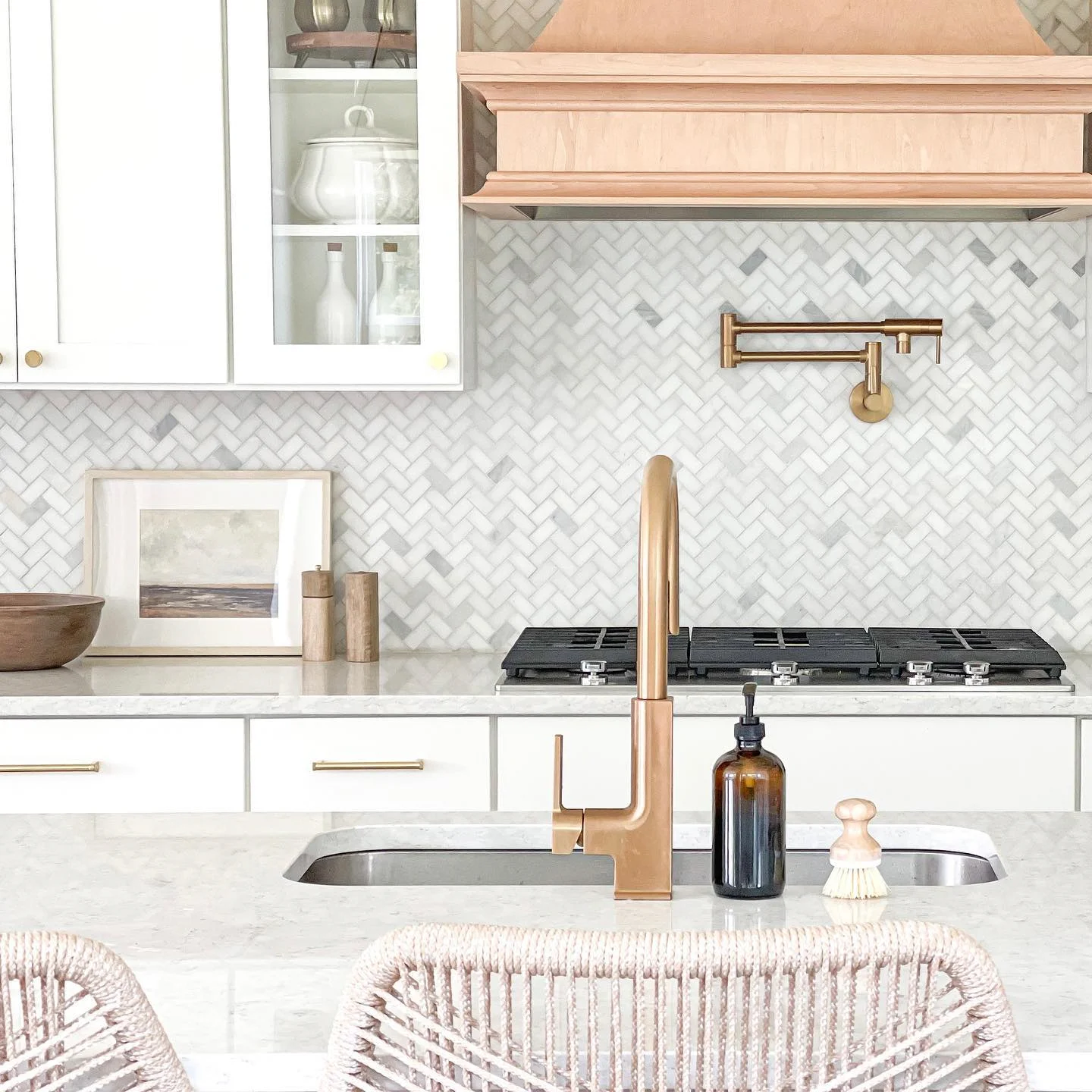 white tile kitchen backsplash